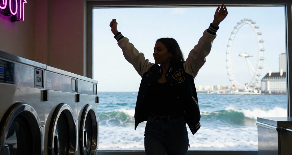 A triumphant Female Former veterinary assistant, now sharing soft pet-inclusive content in their 30, stepping confidently into a new decade of life, wearing a casual varsity jacket look, humming a tune visually in a laundromat with neon signs.