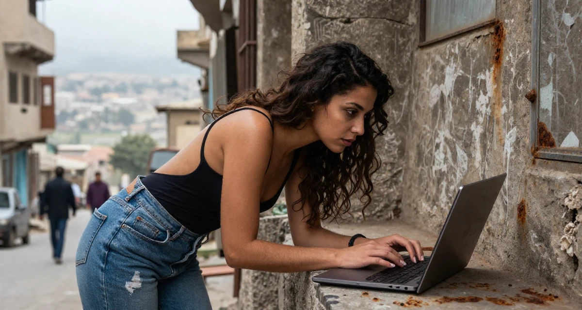 A curious and focused Female From Alexandria Egypt, majored in applied arts in their 27, recovering from hustle culture fatigue, wearing a open-back bodysuit with vintage denim jeans, typing on a laptop in a home interior.