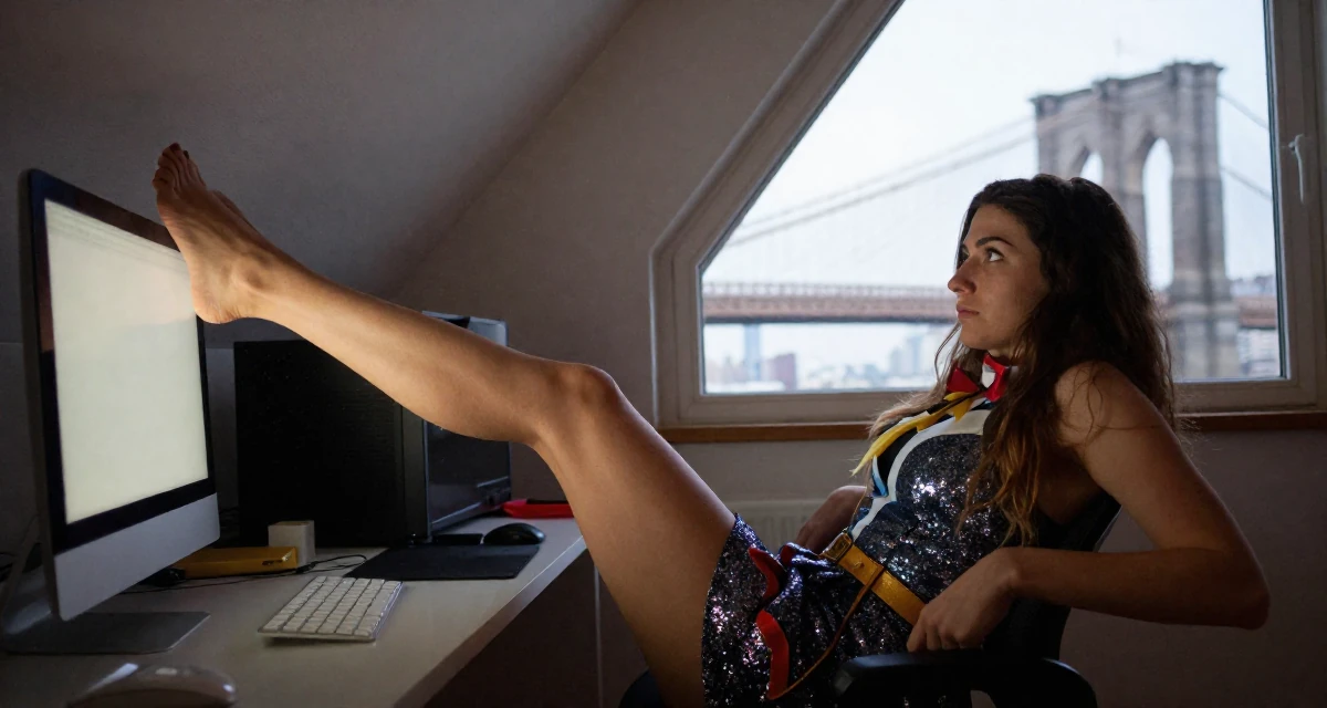 A seriously concentrated Female From Romania, based in Timișoara, graduated from a creative program majoring in evocative content production in their 24, planning seasonal or holiday-themed drops, wearing a magical girl anime costume with a sparkly short skirt, kicking up dust playfully in a attic room.