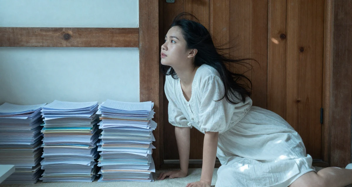A dreamy Female From Chiang Mai Thailand, majored in creative writing in their 22, facing creative blocks during busy weeks, wearing a light and airy spring attire, leaning against a door in a rustic wooden cabin interior.