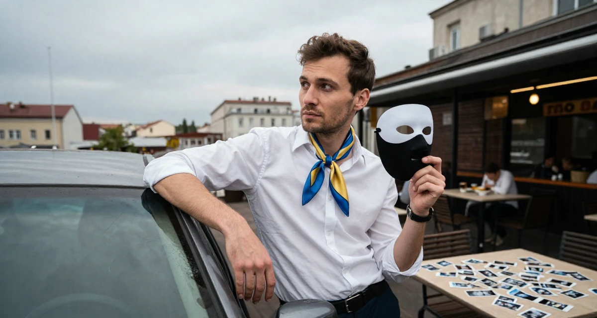 A yearning male From Ukraine, based in Odessa, graduated from a design academy majoring in aesthetic content creation in their 39, preparing for a new chapter in a new city, wearing a silk scarf tied around the neck of a white shirt, holding a mask (cosplay/prop) in a rooftop terrace.