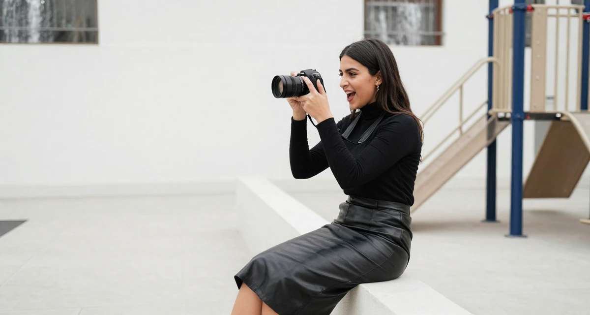 A enthusiastic Female Grew up in Saudi Arabia, studied visual merchandising in their 22, planning monthly photoshoots on a tight budget, wearing a fitted turtleneck and a leather midi skirt, holding a camera ready to shoot in a school playground.