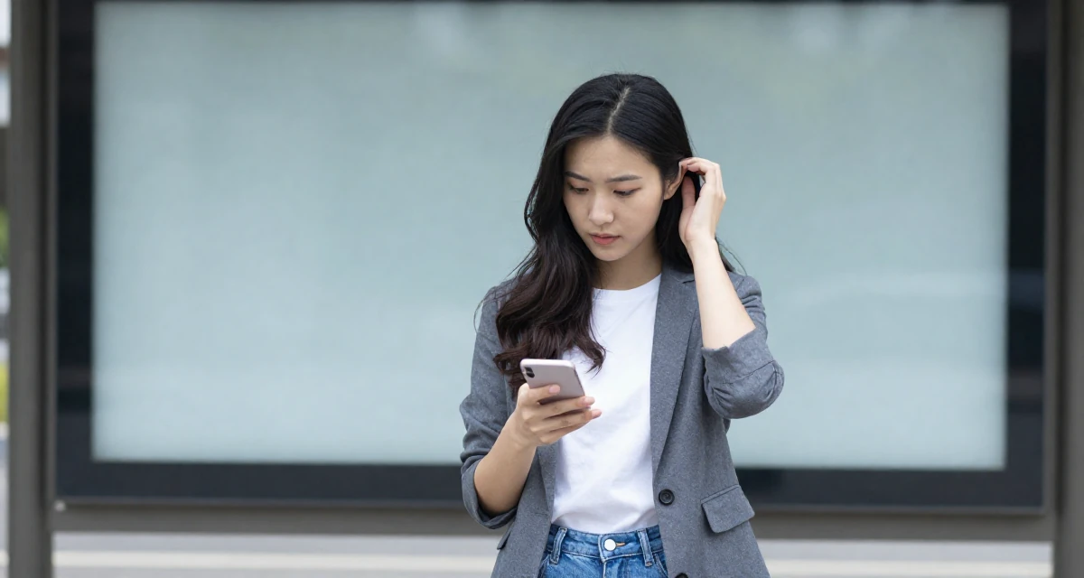 A curious Female From Shenzhen China, graduated in computer science in their 24, forming long-term goals for the first time, wearing a business casual outfit with jeans and a blazer, texting with both thumbs in a bus stop.