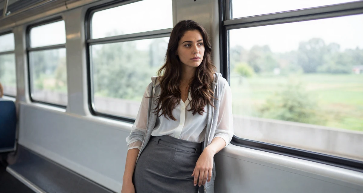 A enigmatic Female From England, majored in philosophy in their 22, using body language to convey mood more than exposure, wearing a sheer sleeve blouse and a high-waisted skirt, zipping up a hoodie in a train carriage.