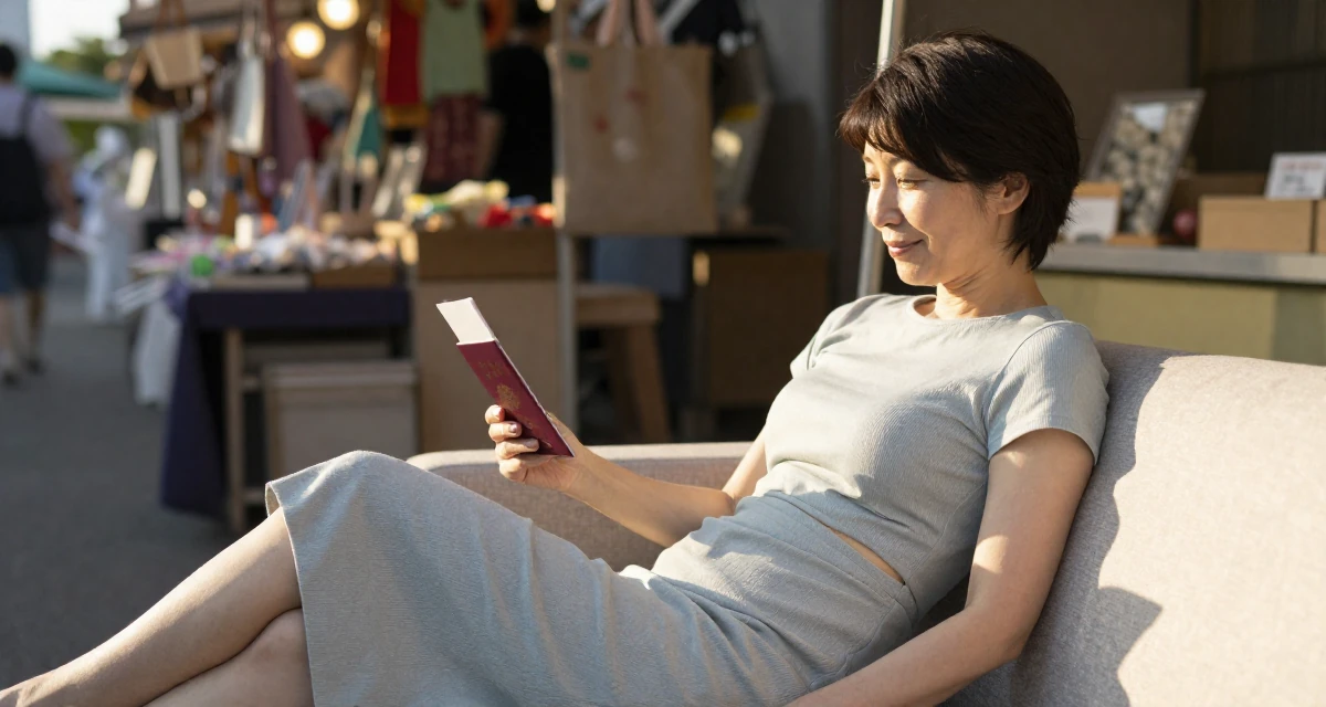A smiling gently Female From Japan, studied early childhood education in their 50, exploring semi-retirement options, wearing a fitted midi dress with a cutout at the waist, holding a passport in a night market stall.