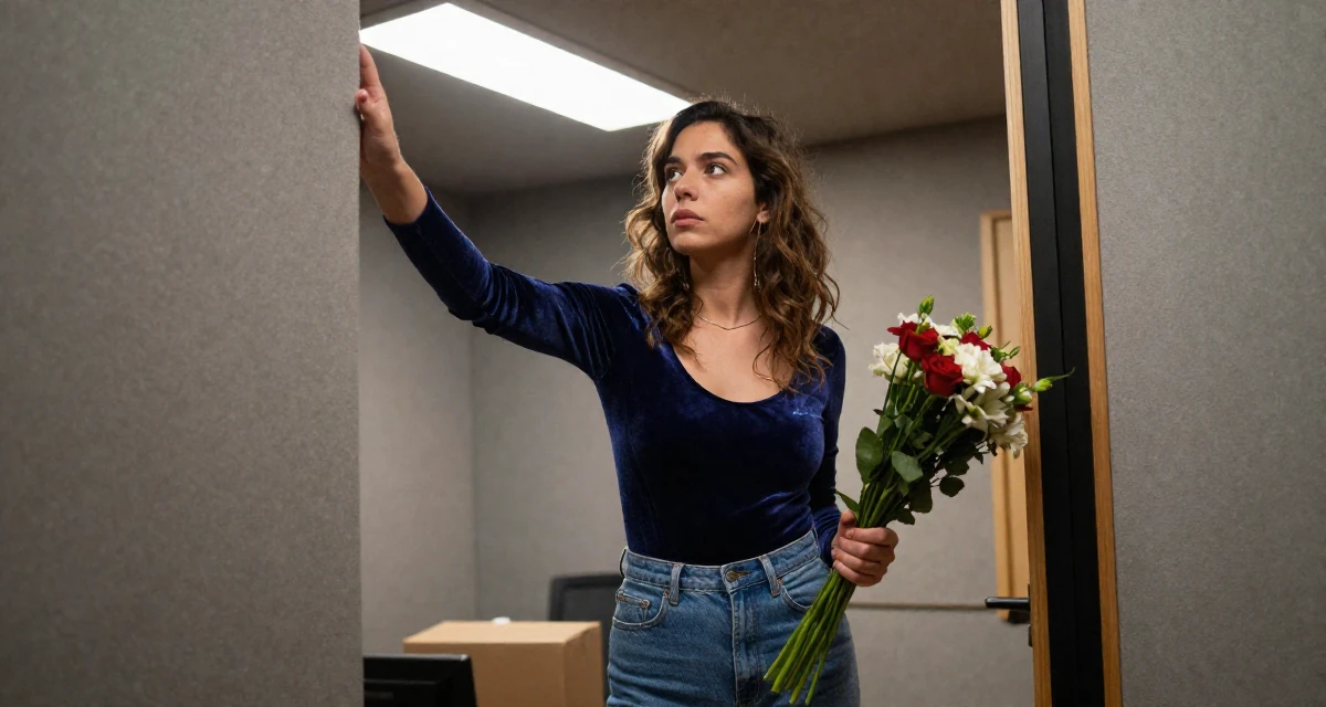 A longing Female From Athens Greece, studied philosophy in their 27, just moved into a small apartment alone, wearing a velvet bodysuit and high-waisted mom jeans, holding a bouquet in a recording booth.