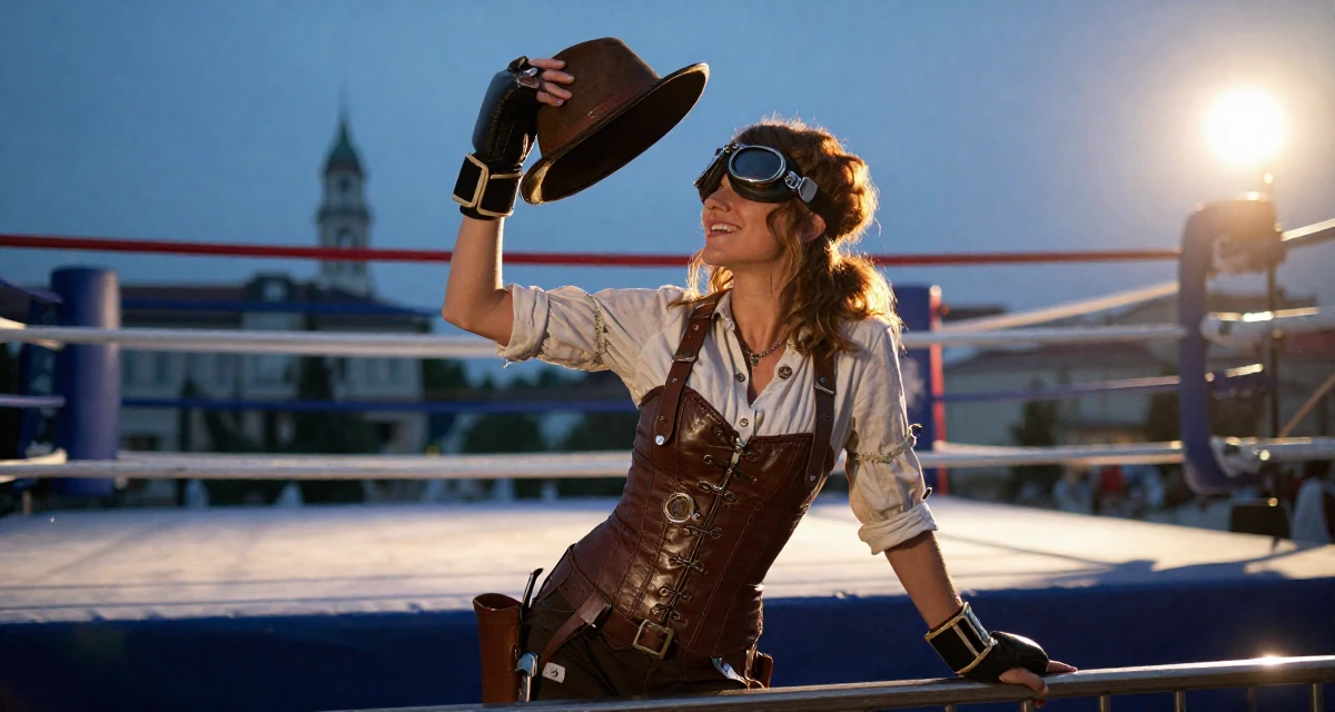 A upbeat Female From Hungary, has a background in physical education in their 45, embracing the freedom of a child-free life, wearing a steampunk adventurer outfit with a corset and goggles, tipping a hat in a boxing ring.