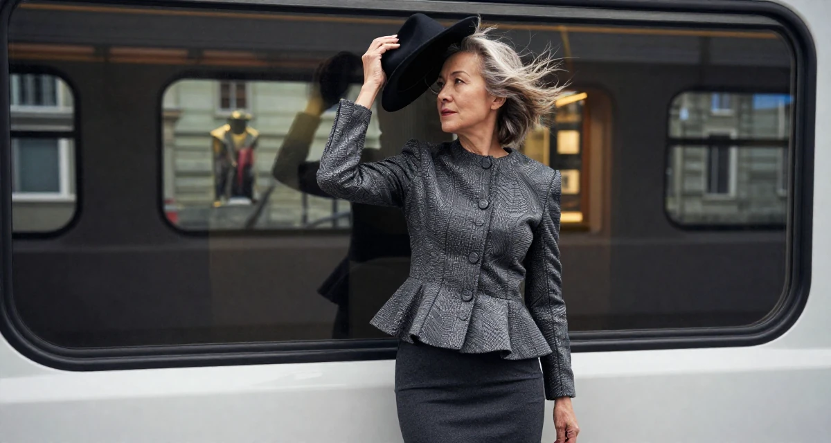 A zoned out Female From Zurich Switzerland, holds a degree in accounting and finance in their 50, sharing the secrets of graceful aging, wearing a structured peplum jacket and a tight skirt, holding a hat against the wind in a train carriage.