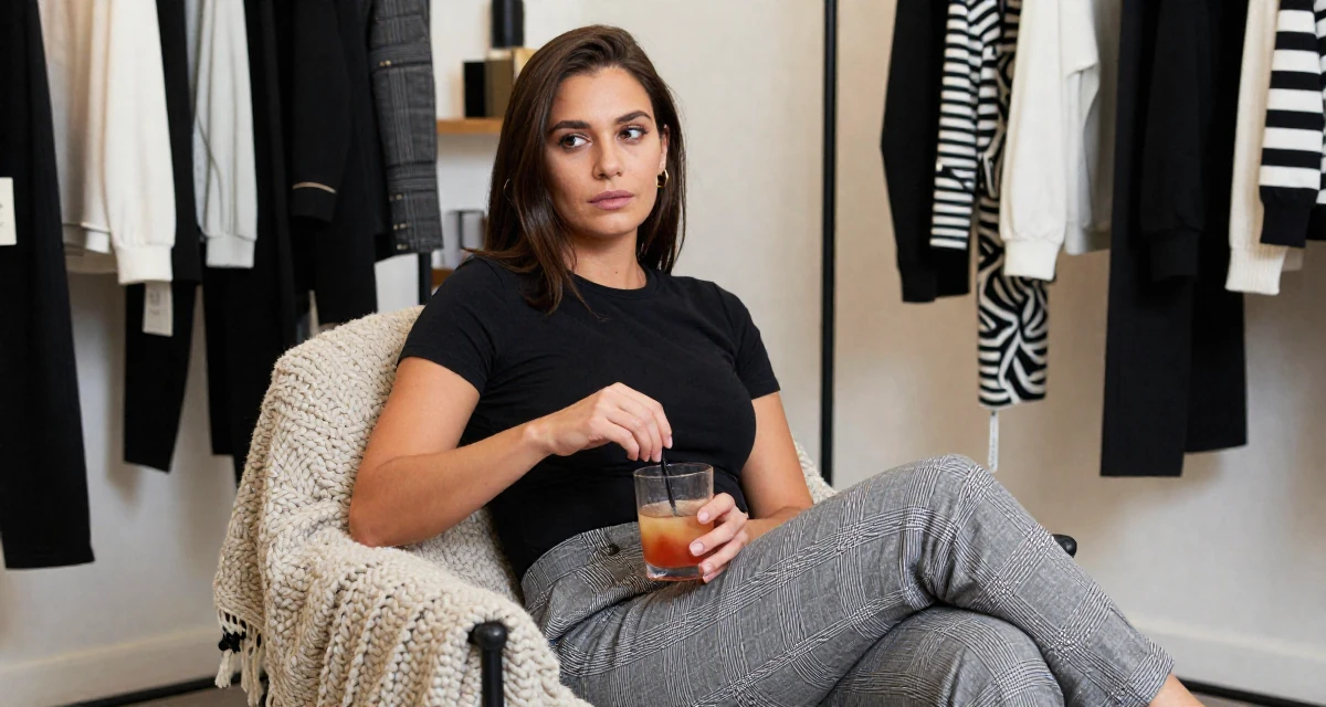 A pensive Female Once a biology teacher, now exploring artistic movement expression in their 25, navigating emotionally intense relationships, wearing a grey plaid trousers and a fitted black tee, stirring a drink in a clothing boutique.