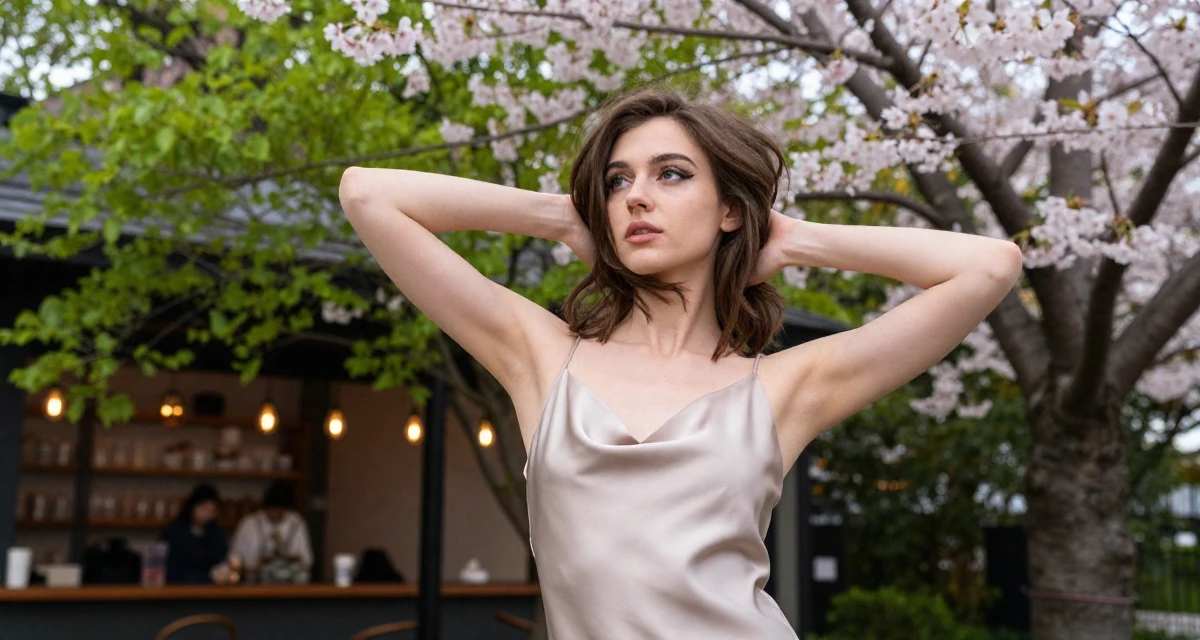 A fascinated Female Once a ballet dropout, now redefining movement through intimate expression in their 21, wearing a party dress with smudged eyeliner, wearing a silk slip dress in a soft neutral tone, brushing hair away from the face in a cherry blossom park.