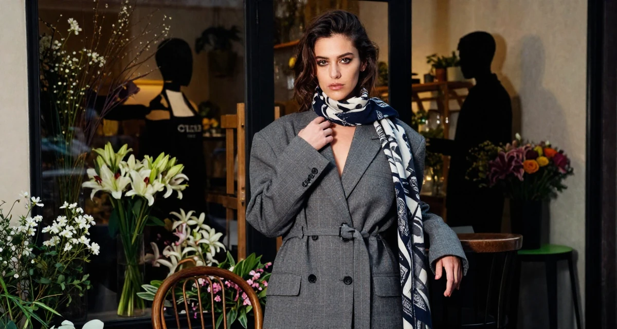 A stoic Female Once a junior bar worker, now a nightlife-themed creator in their 25, embracing full creative control over a bold persona, wearing a oversized blazer worn as a dress with a belt, adjusting a scarf in a flower shop entrance.