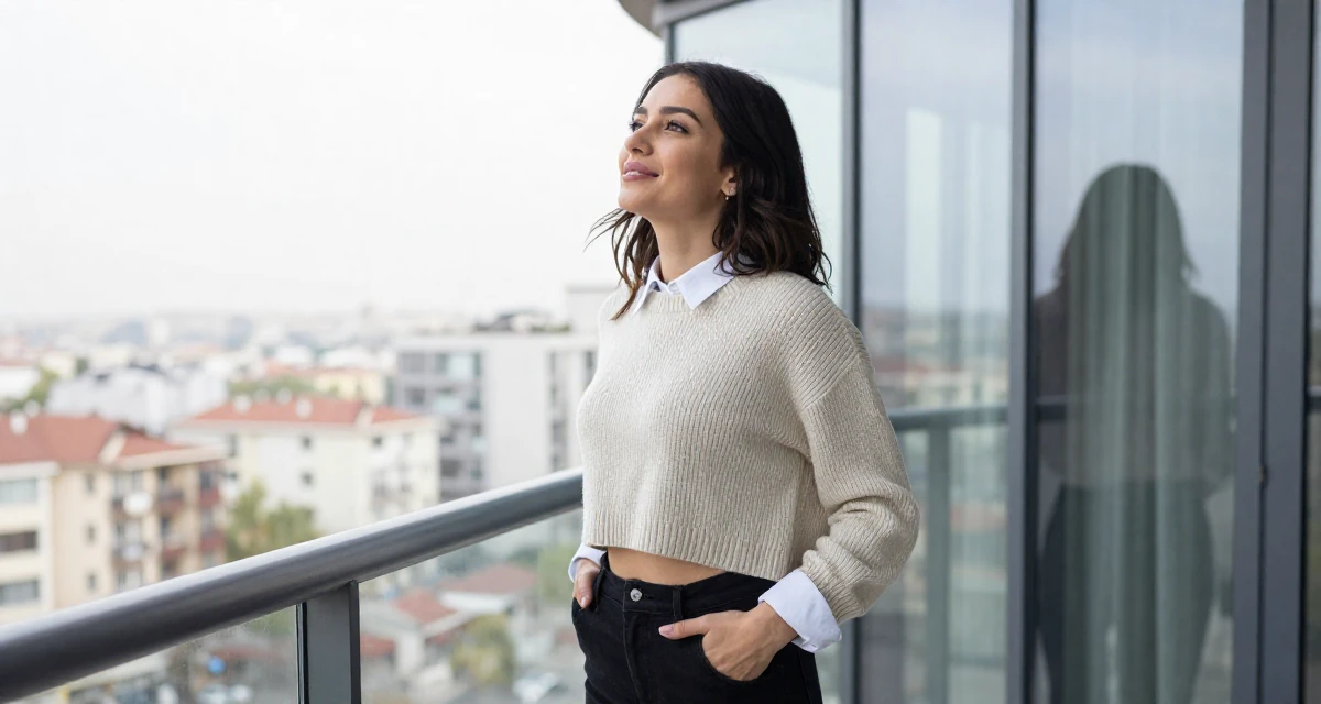 A sincere Female From Ankara Türkiye, holds a degree in international trade in their 25, vibrating with creative potential, wearing a cropped sweater over a collared shirt, sliding a hand into a pocket in a luxury penthouse balcony.