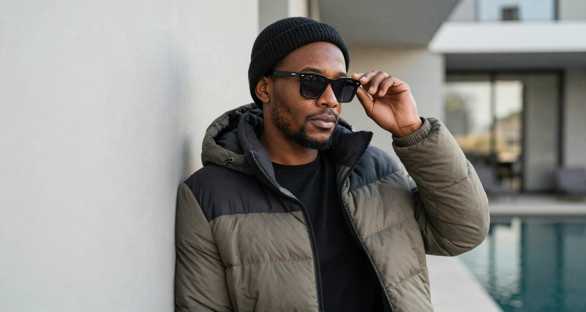 A content male Born in South Africa, studied political communication in their 25, defining a mature, seductive but classy persona, wearing a warm puffer jacket and beanie, putting on sunglasses in a modern apartment.