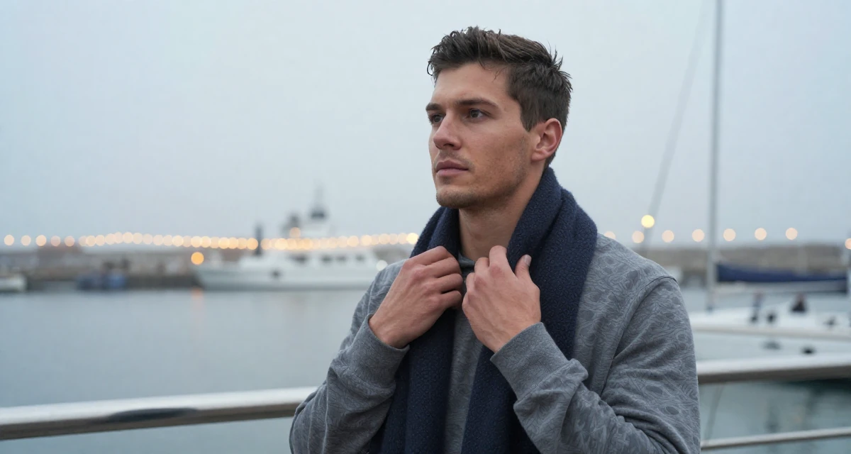 A thoughtfully silent male Former swim team athlete, now building a fitness-focused fanbase in their 34, seeking spiritual or philosophical growth, wearing a relaxed streetwear, adjusting a scarf in a foggy harbor.