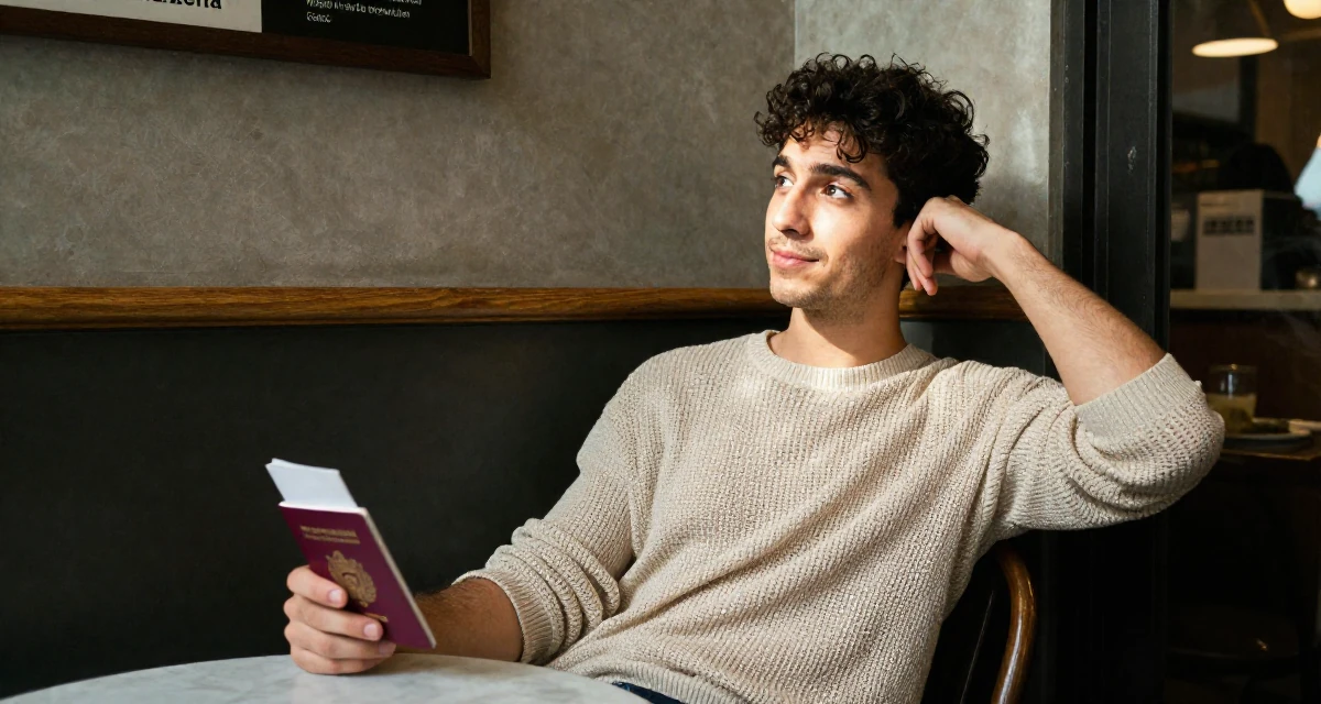 A lighthearted male From Barcelona Spain, majored in audiovisual production in their 20, capturing every moment for the aesthetic, wearing a loose open-knit sweater showing skin underneath, holding a passport in a coffee shop corner.