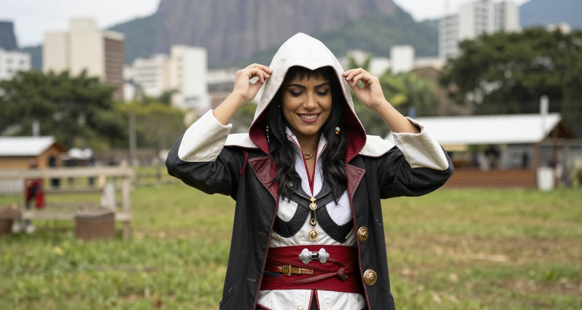 A delighted Female From Brazil, based in Rio de Janeiro, graduated from an arts academy majoring in performance aesthetics in their 20, looking for their tribe in a new city, wearing a assassin creed style hooded robe and tunic, adjusting a hairpin in a farm field.