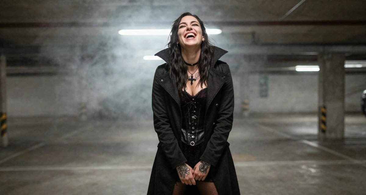 A ferocious Female Once a tattoo apprentice, now a creator blending ink culture and lifestyle in their 21, laughing openly with head thrown back, wearing a gothic vampire hunter outfit with a long coat, biting the lower lip softly in a underground parking garage.