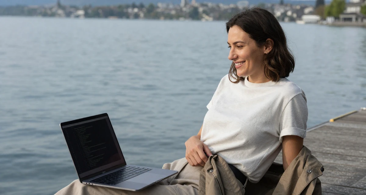 A cheerful Female From Zurich Switzerland, learned luxury lifestyle imaging in their 23, seeking spiritual grounding amidst chaos, wearing a minimalist everyday clothing, putting on a jacket in a serene lakeside dock.