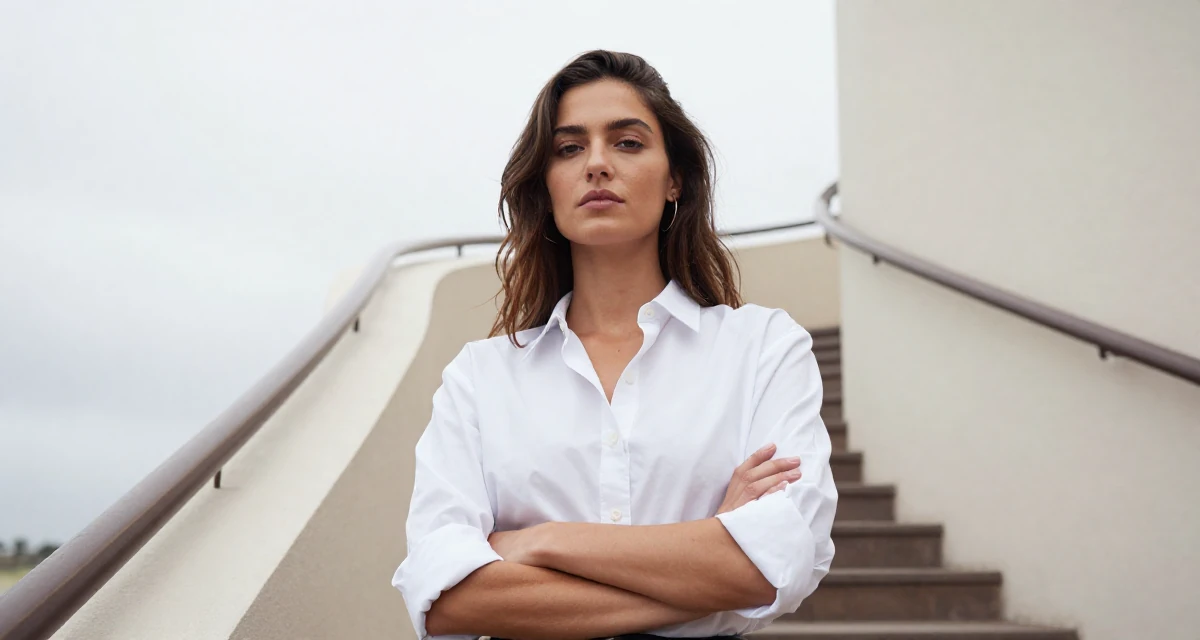 A absent-minded Female From France, studied fashion design in their 32, managing long-distance relationship, wearing a crisp button-up with rolled sleeves, taking a photo in a winding staircase.