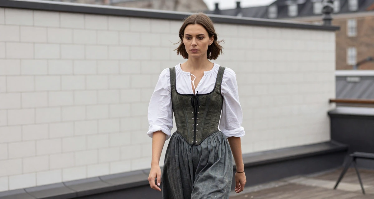 A determined Female From Copenhagen Denmark, majored in architecture in their 28, cultivating a sophisticated taste in art, wearing a peasant girl corset dress with a white blouse, shivering slightly in a rooftop terrace.