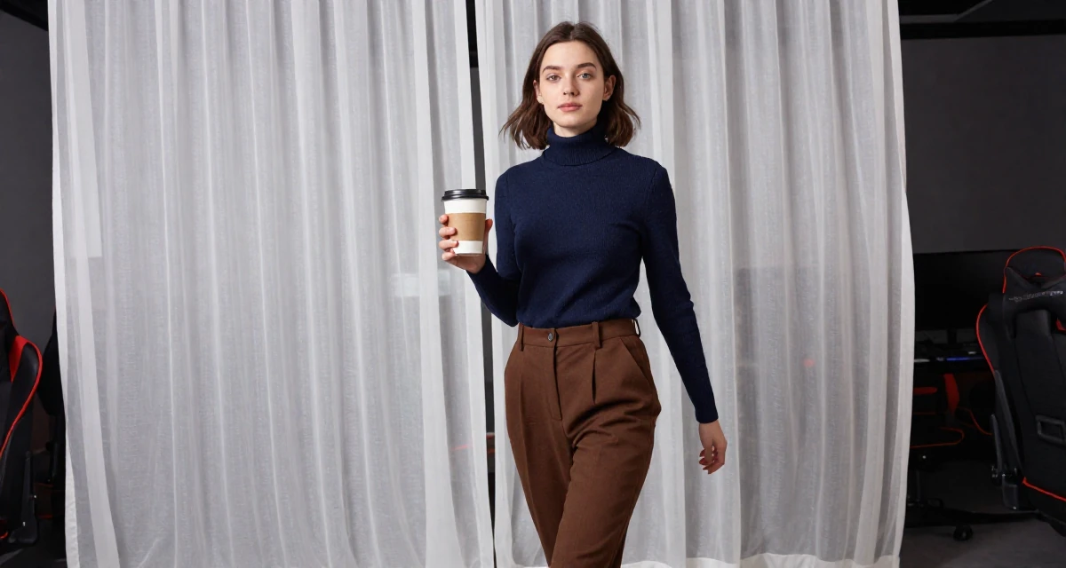 A steady Female From England, majored in philosophy in their 21, enjoying the peak of carefree student life, wearing a sophisticated turtleneck and trousers, holding a cup of coffee in a gaming room.