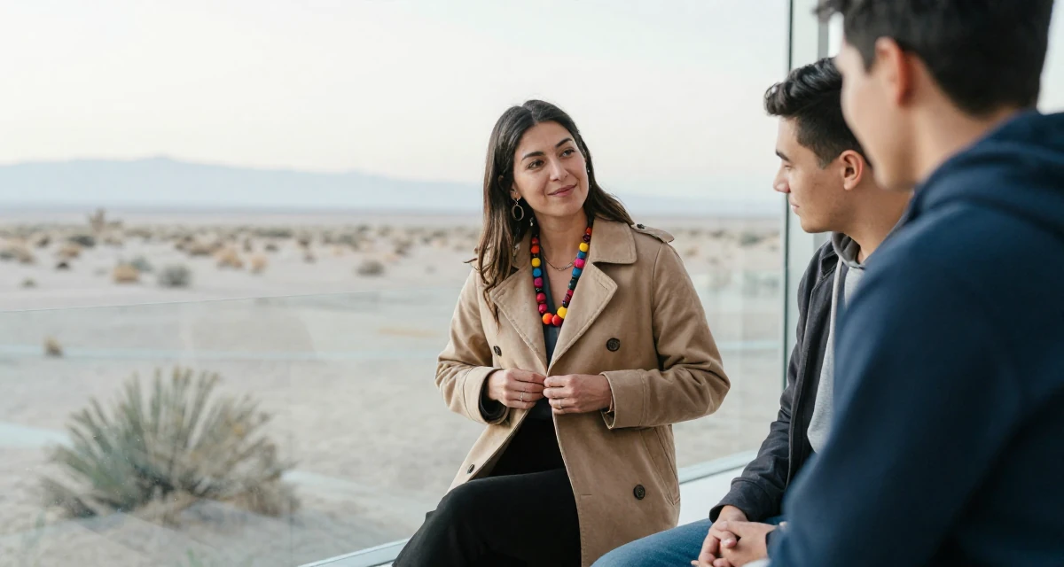A softly smiling Female From USA, studied anthropology and folklore in their 45, mentoring younger colleagues, wearing a pop of color accessory look, unbuttoning a coat in a desert landscape.