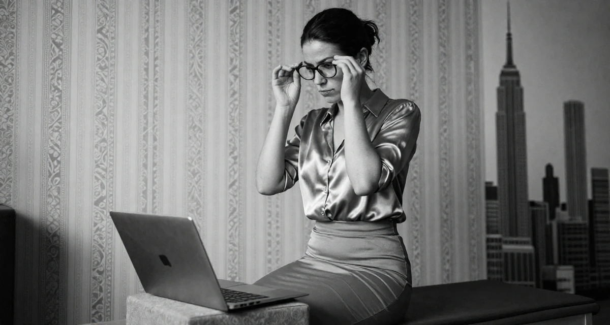 A pensive Female From Belgium, has a degree in international law in their 25, exploring creativity online, wearing a tight pencil skirt and a tucked-in silk blouse, pushing glasses up the nose in a yoga studio.