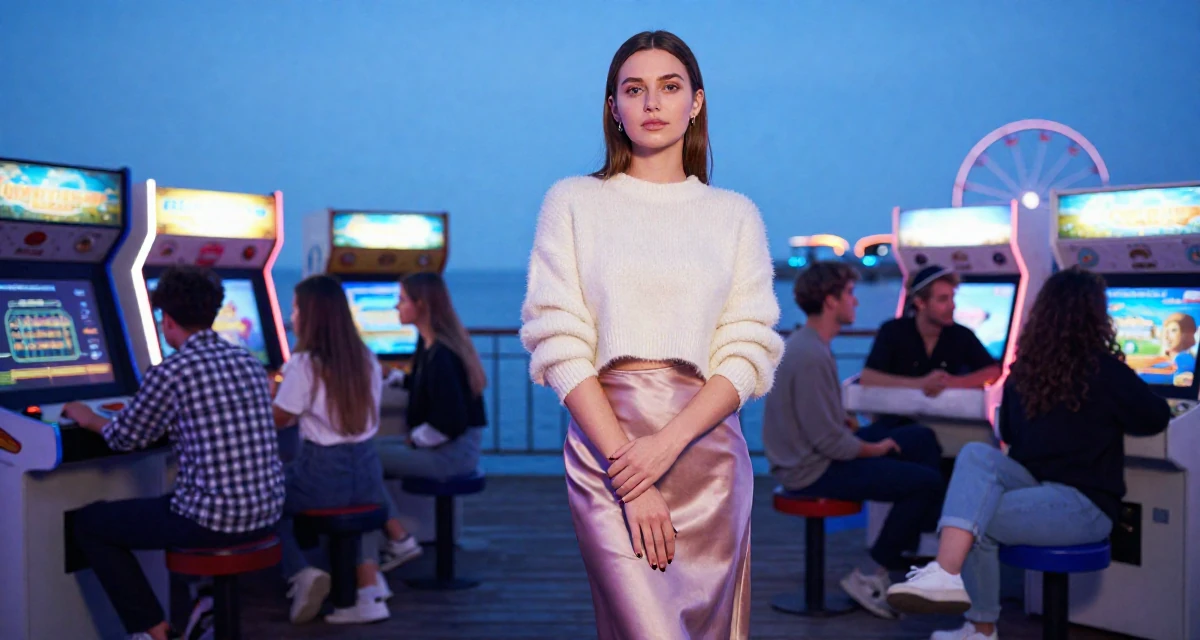 A calmly observant Female From Russia, majored in international trade in their 22, grinding nonstop while peers enjoy carefree weekends, wearing a satin midi skirt and a fuzzy cropped sweater, tapping a foot rhythmically in a arcade room with neon lights.