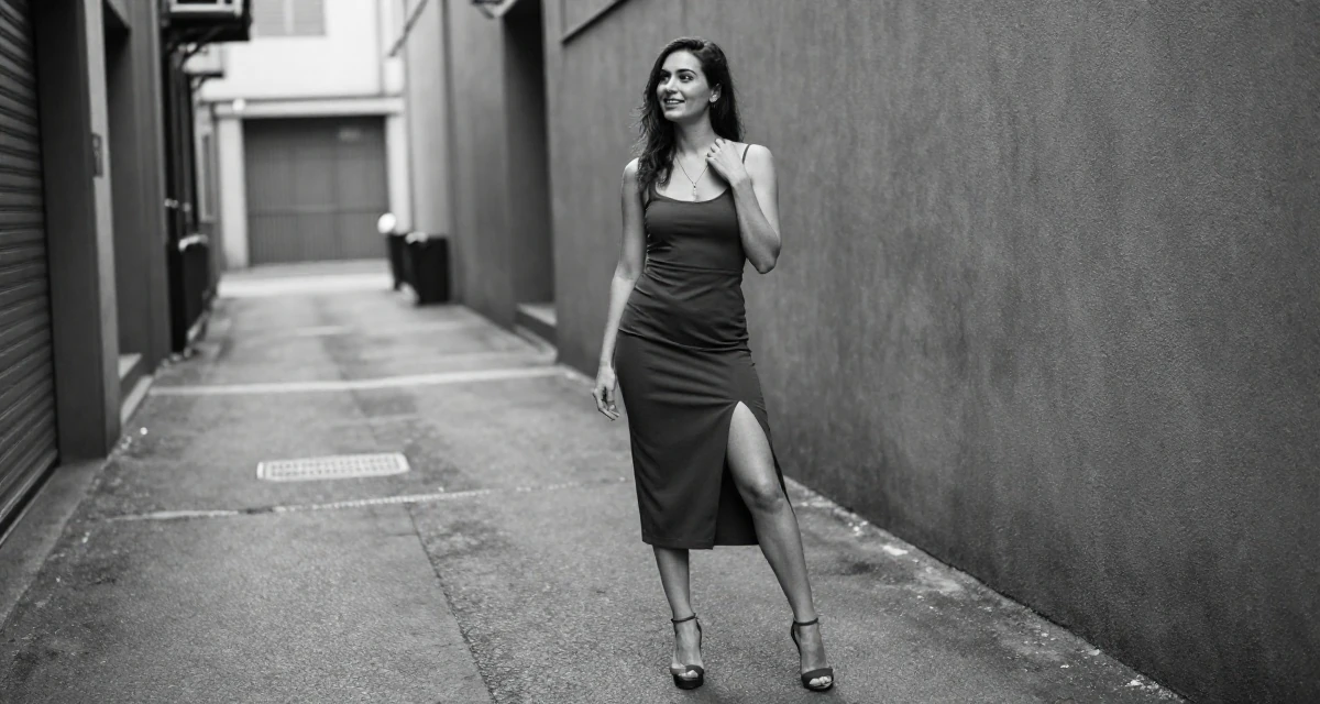 A charismatic Female From Sydney Australia, holds a degree in environmental science in their 22, understanding the importance of mental resilience, wearing a elegant midi skirt with a high slit and heels, touching a necklace in a quiet alleyway.
