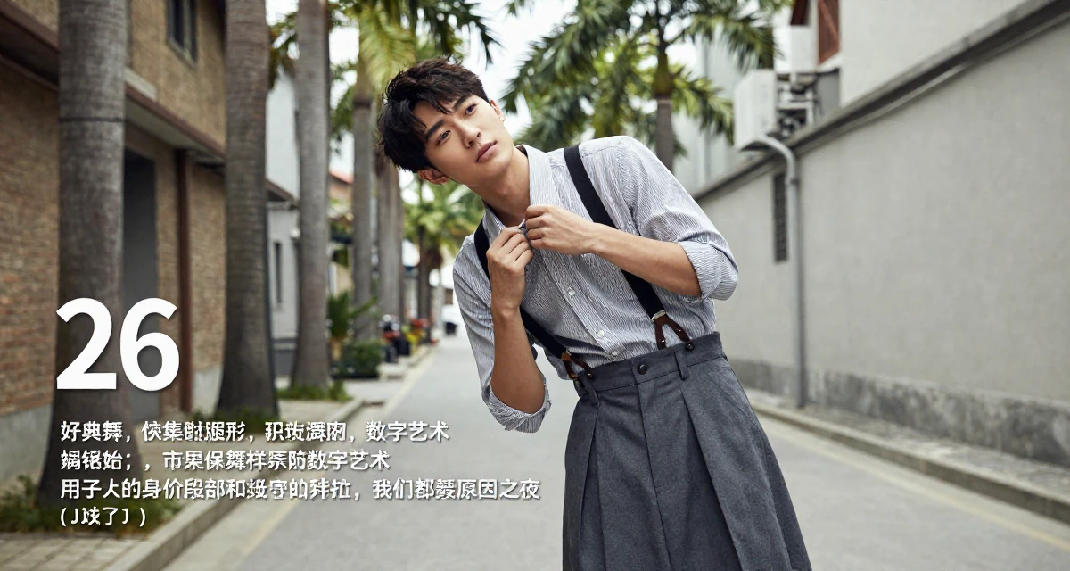 A relieved male From Shanghai China, grew up studying dance and digital arts in their 26, learning to endure hate comments quietly, wearing a high-waisted skirt with suspenders and a shirt, fixing a collar in a quiet alleyway.