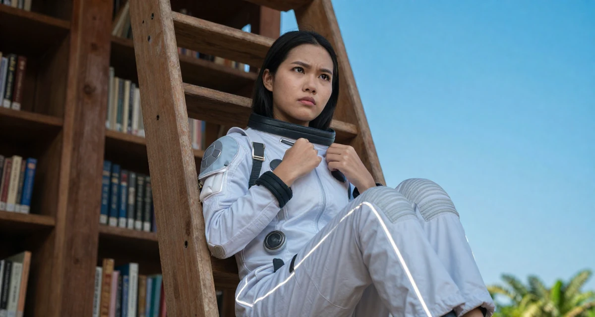 A suspicious Female From Thailand, based in Chiang Mai, graduated from a regional college majoring in content production in their 25, balancing school assignments with content ideas, wearing a futuristic space pilot plugsuit with glowing lines, adjusting a collar in a old library with wooden ladders.