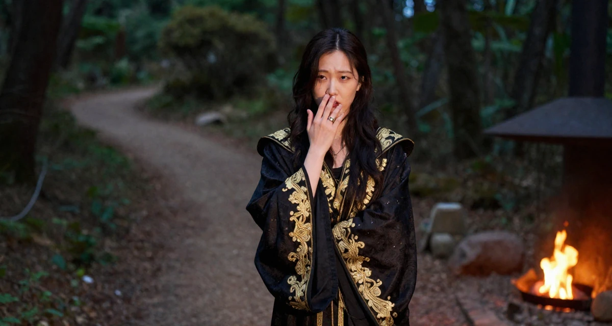 A dazed Female From Busan South Korea, majored in industrial design in their 20, experimenting with a bold new personal style, wearing a high-fantasy sorceress robe with gold embroidery, playing with a ring on a finger in a forest path.