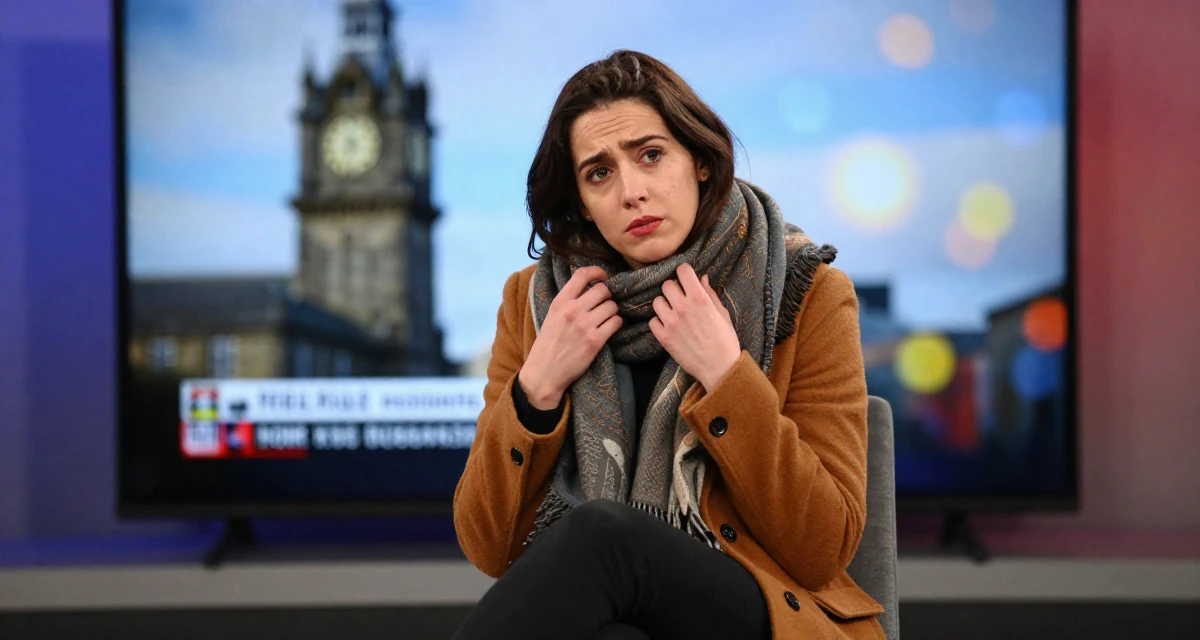 A suspicious Female From Ireland, based in Cork, graduated from a regional college majoring in digital content creation in their 22, exhausted from the hustle of side gigs, wearing a layered autumn coat and scarf, adjusting a scarf in a tv set.