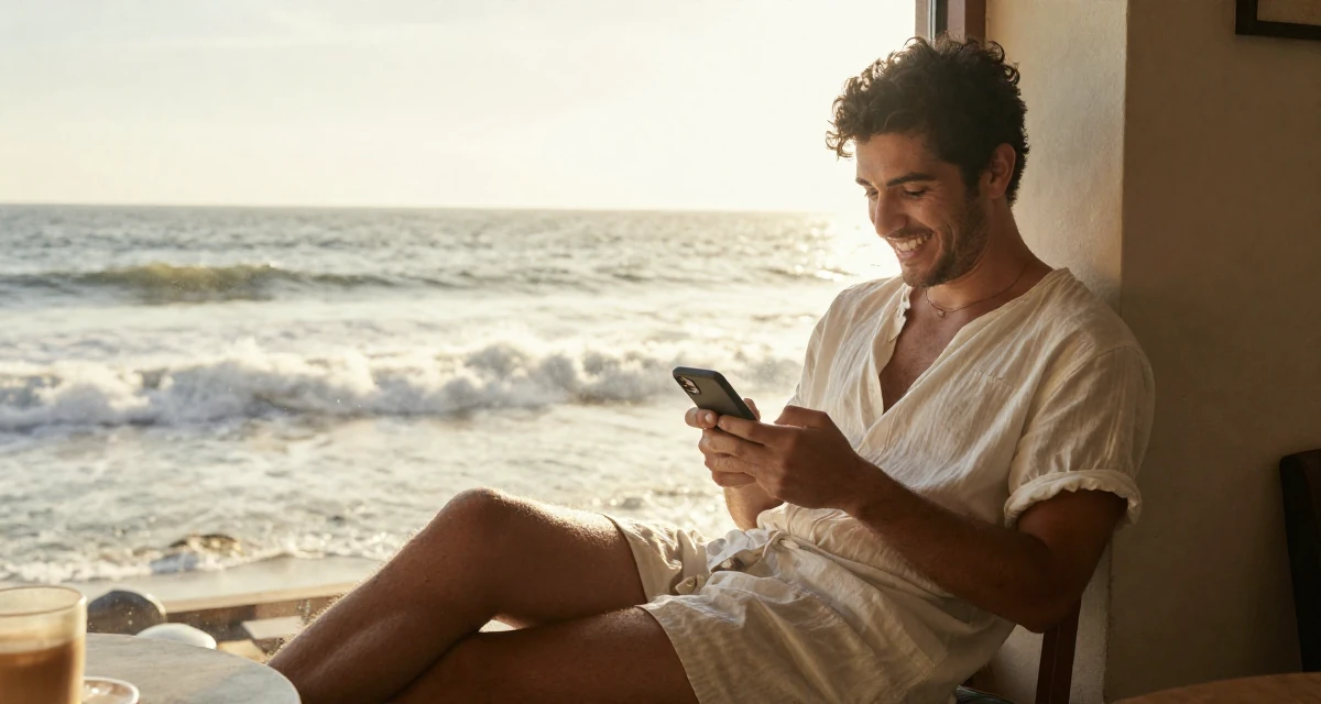 A spirited male From Colombia, based in Cali, graduated from a local arts school majoring in glam-focused digital media in their 29, preparing for the transition into the 30s, wearing a airy cotton dress for summer, checking a phone in a coffee shop corner.