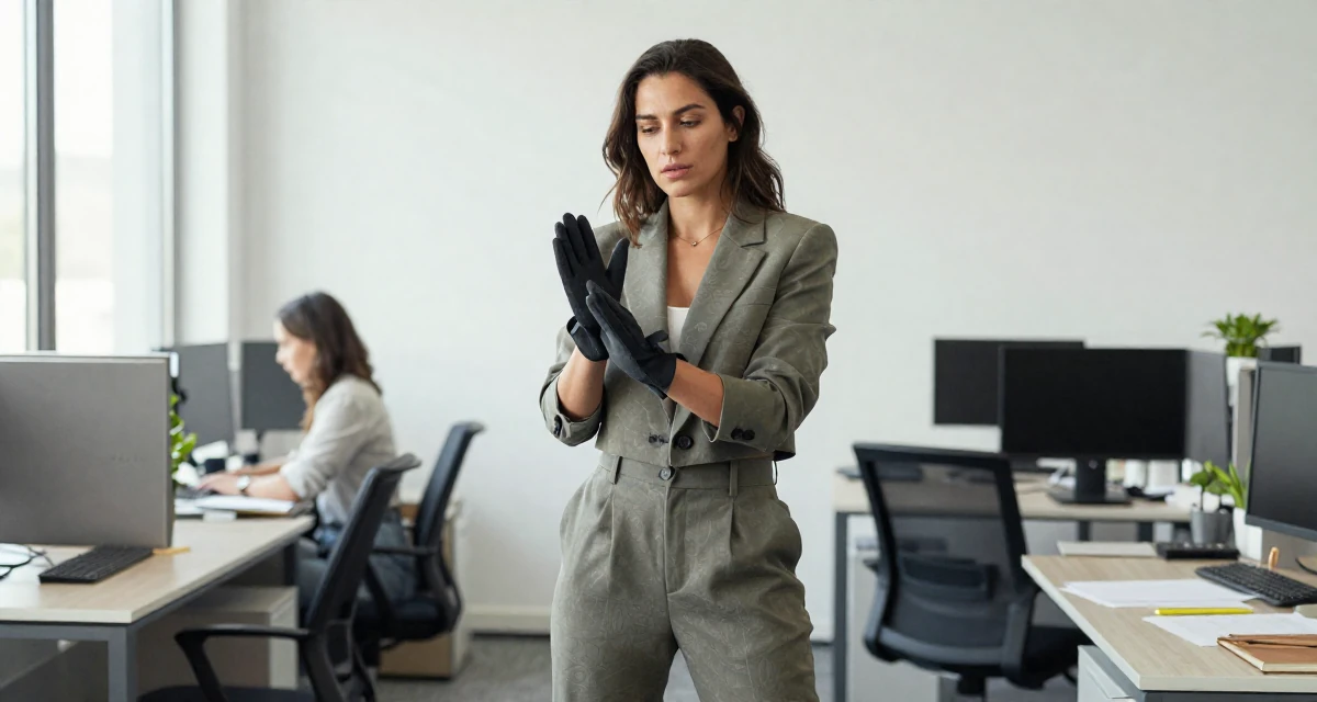A enigmatic Female From United States, studied health science in their 30, seeking adventure and outdoor challenges, wearing a cropped blazer and high-waisted trousers set, removing a glove in a office workspace.