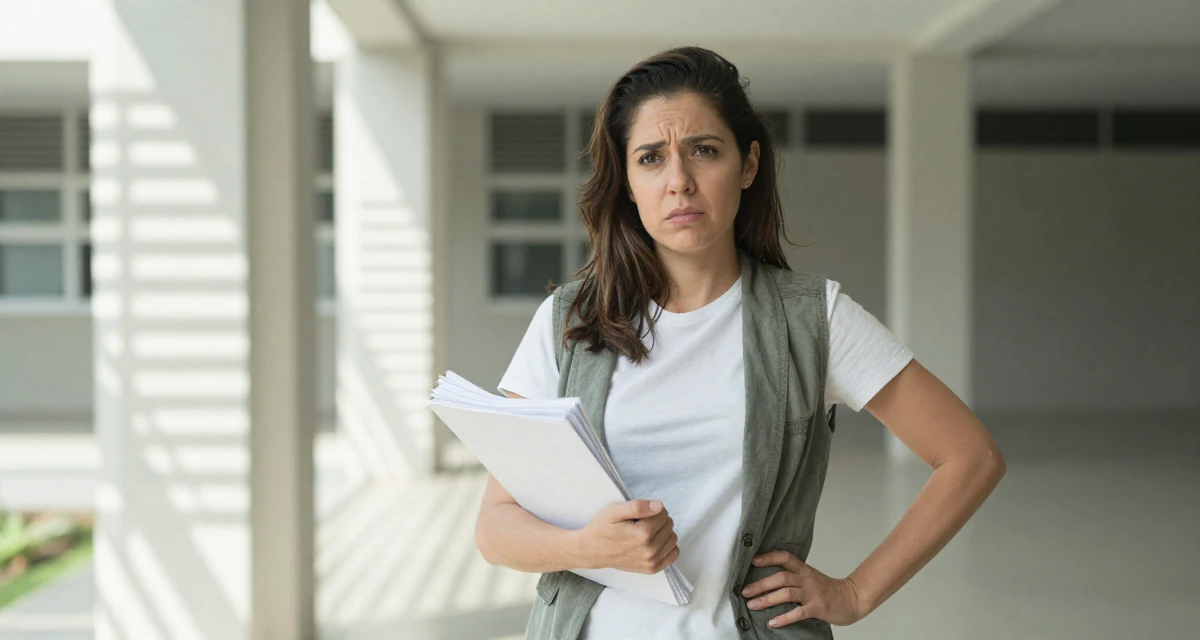 A confused Female From Mexico, majored in advertising and PR in their 41, rediscovering personal style after forty, wearing a casual vest and t-shirt layer, carrying a stack of documents in a university campus.