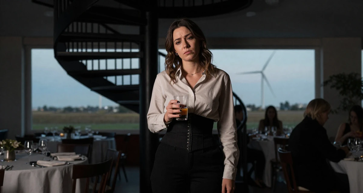 A bored Female Raised in Sweden, studied creative technology in their 30, rebuilding self-worth beyond content performance, wearing a button-up shirt with a corset belt and black pants, holding a cold drink in a banquet hall.