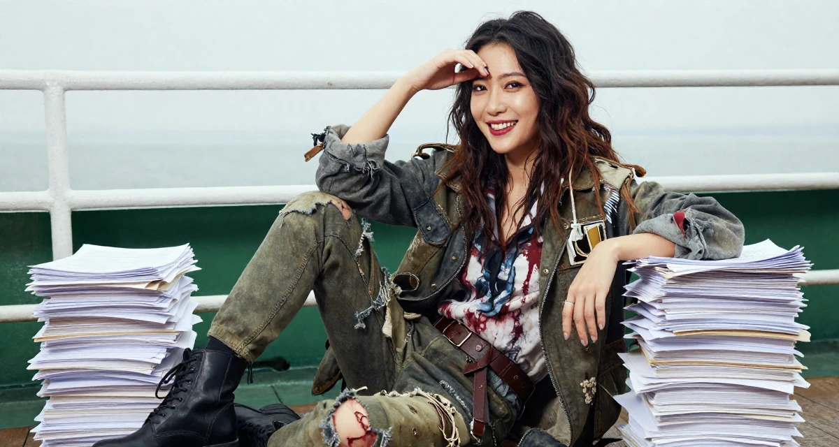 A cheerful Female From Chinese-speaking regions, majored in marketing analytics in their 30, first-time entrepreneur building a startup, wearing a zombie apocalypse survivor gear with torn clothes, resting a hand on the forehead in a ferry deck.