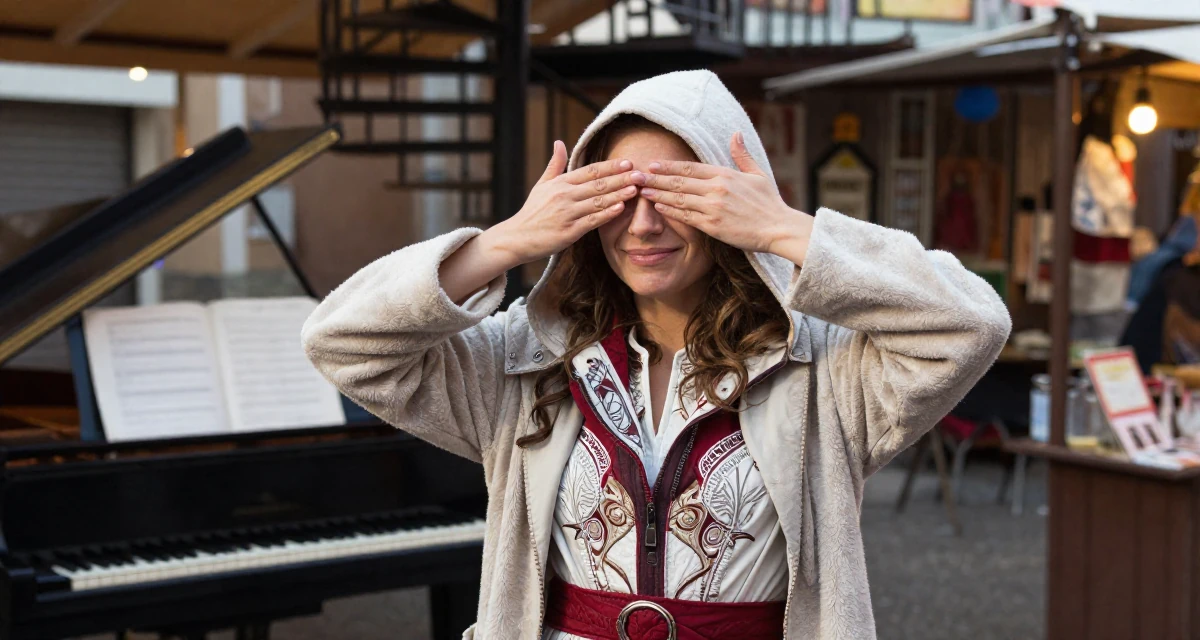 A warm and welcoming Female From Russia, has a background in piano performance in their 25, figuring out social roles and self-image, wearing a assassin creed style hooded robe and tunic, covering eyes from the sun in a night market stall.