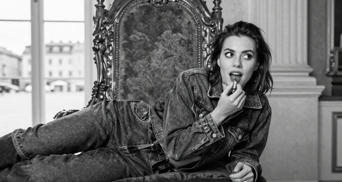 A spirited Female From Sweden, based in Gothenburg, graduated from a design school majoring in motion graphics in their 24, fine-tuning creative style and lighting setups, wearing a fashionable denim on denim, applying lipstick in a royal palace throne room.