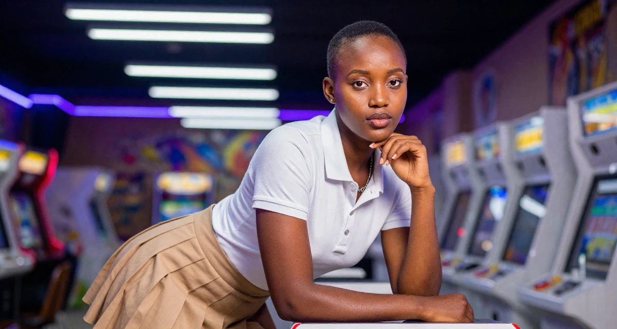A self-assured Female From Rwanda, majored in social innovation in their 25, forming independent opinions and values, wearing a short pleated skirt and a tight polo shirt, fiddling with a necklace in a arcade room with neon lights.