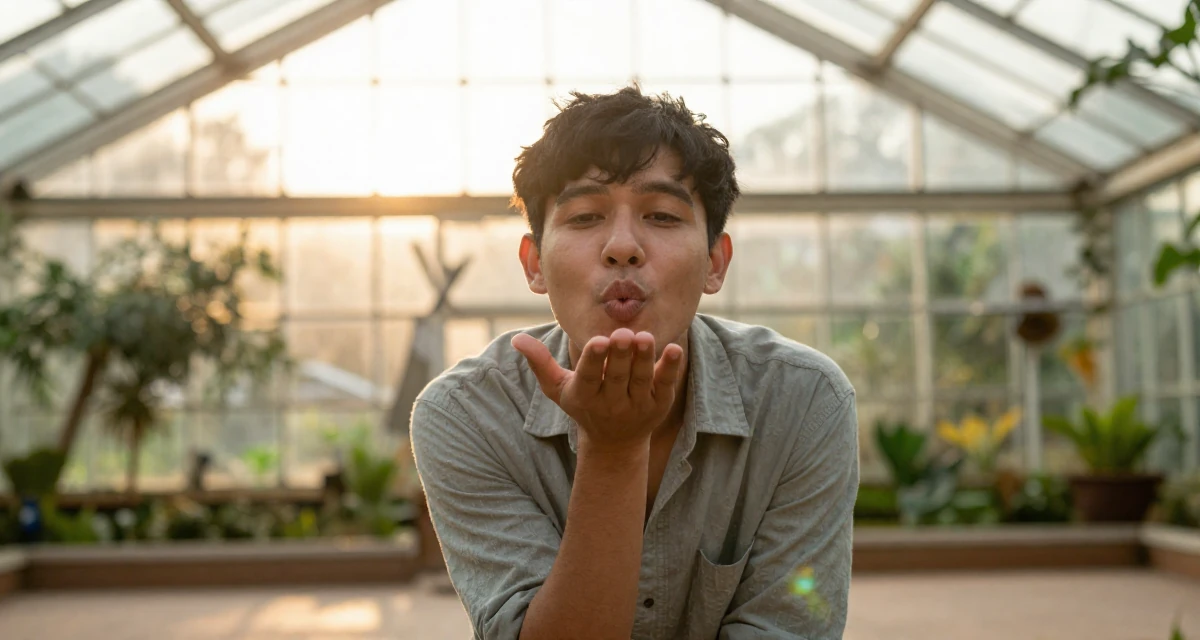 A soft male From Thailand, based in Chiang Mai, graduated from a regional college majoring in content production in their 31, exploring local culture and hidden gems, wearing a relaxed vacation shirt, blowing a kiss in a botanical greenhouse.