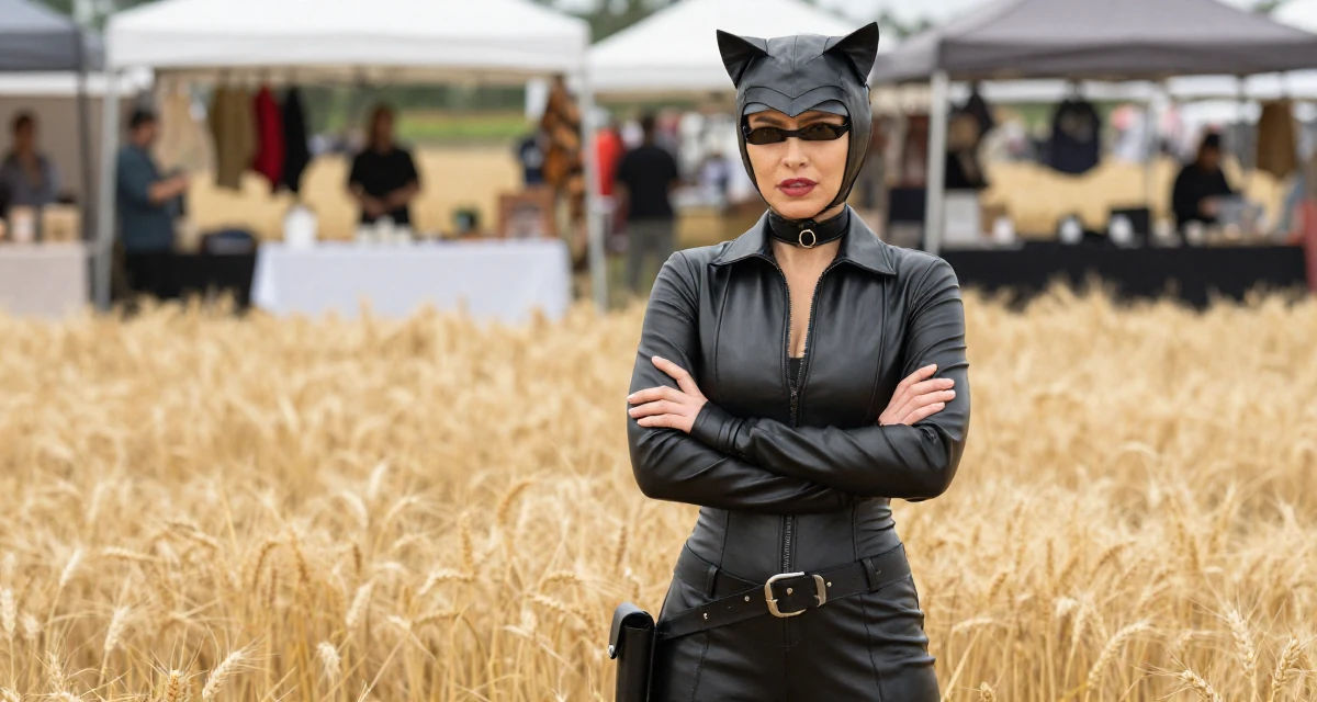 A resilient Female From United States, majored in hospitality operations in their 39, sharing stories of resilience and growth, wearing a tight leather cat burglar suit with a utility belt, clasping hands together in a golden wheat field.