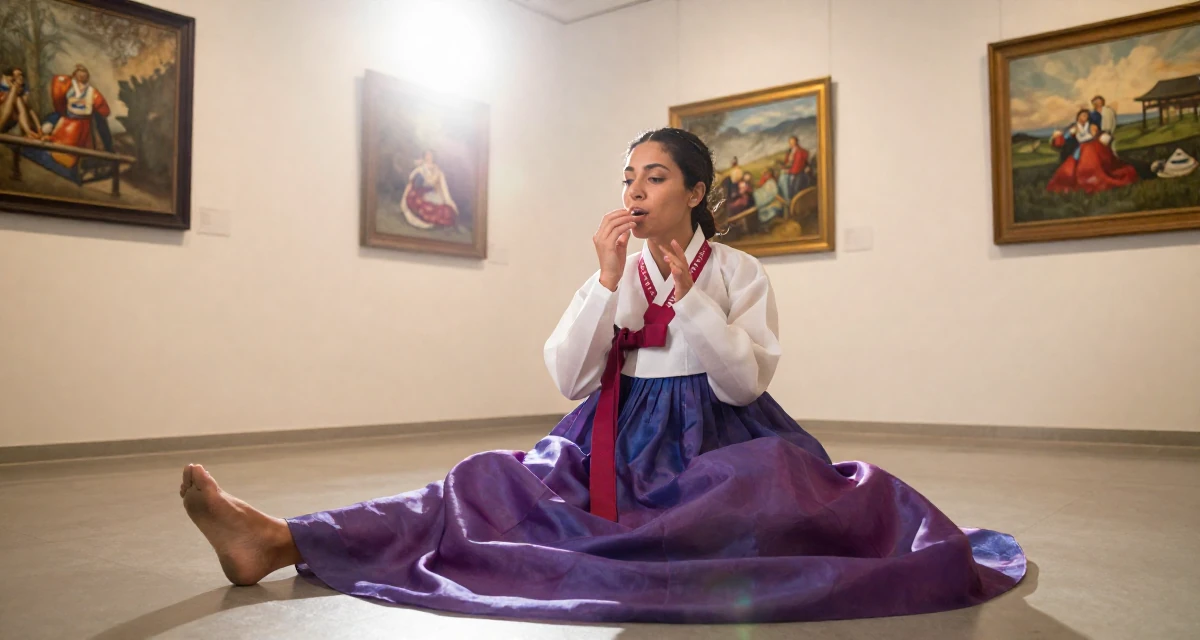 A thoughtful Female From Greece, studied philology in their 38, documenting a home gym transformation, wearing a traditional hanbok modified for a modern look, humming a tune visually in a art gallery.