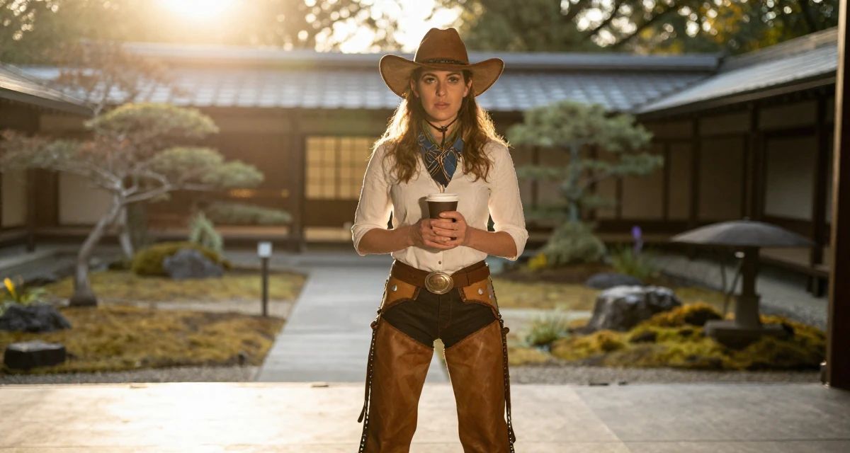 A mysterious Female From Birmingham United Kingdom, holds a degree in economics in their 20, fueled by caffeine and late-night ambition, wearing a wild west cowgirl outfit with chaps and a hat, putting hands in pockets in a empty theater stage.