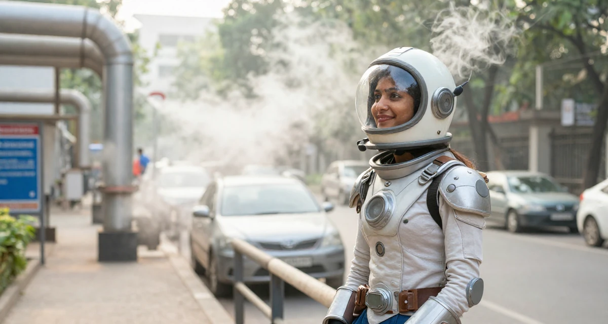 A friendly Female From India, studied biotechnology in their 25, experimenting with niche themes to stand out, wearing a retro sci-fi space girl outfit with a bubble helmet, watching traffic pass by in a university campus.