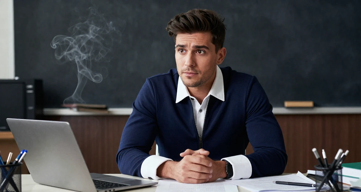A yearning male Former pharmacist in training, now teaching wellness routines online in their 25, figuring out social roles and self-image, wearing a navy blue dress with white collar and cuffs, zipping up a hoodie in a messy desk.