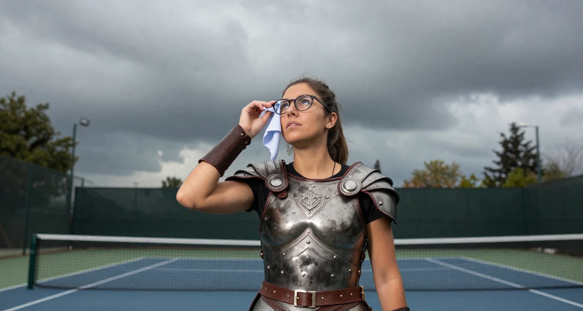 A enigmatic Female From Chile, majored in international business at a private university in their 25, managing early financial independence, wearing a gladiator armor with leather straps and a metal breastplate, cleaning glasses with a cloth in a tennis court.