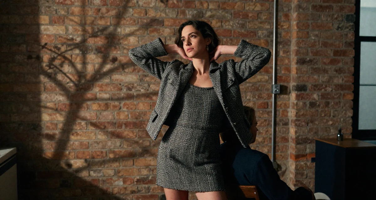A poised Female From Portugal, majored in digital storytelling in their 24, hitting creative block but needing income anyway, wearing a tweed mini skirt and a matching jacket, stretching the neck in a loft apartment with brick walls.