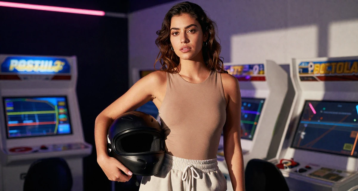 A aloof Female From Portugal, majored in digital storytelling in their 24, facing pressure to reinvent the brand constantly, wearing a high-cut bodysuit paired with loose jogging bottoms, holding a helmet under one arm in a arcade room with neon lights.